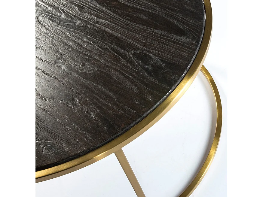 Ronde salontafel van donker hout en poten van goudkleurig metaal D 76 cm