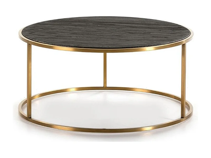 Table basse ronde bois foncé et pieds métal doré D 76cm