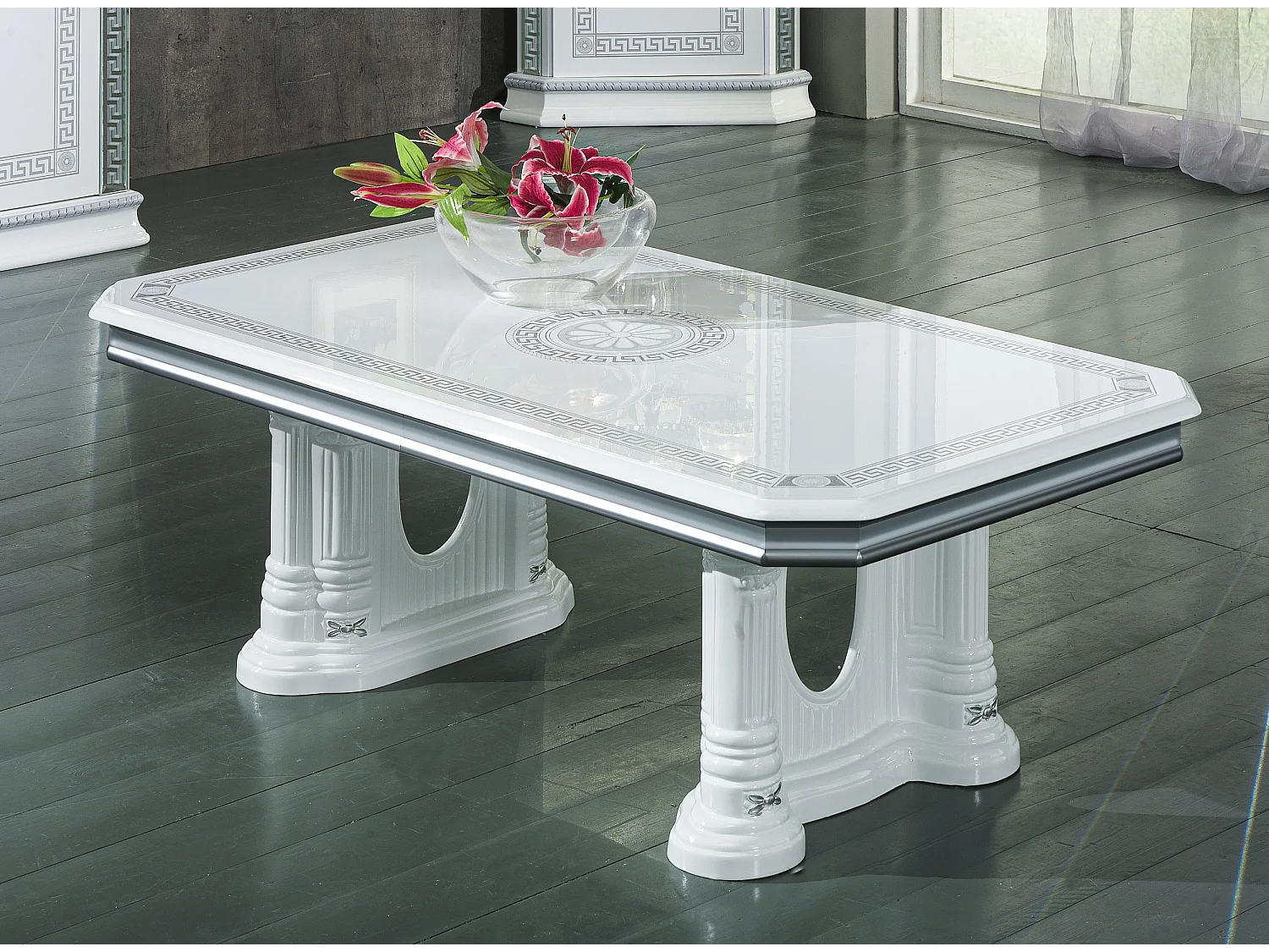 Table basse rectangulaire bois vernis laqué brillant blanc et gris Vinza 130cm