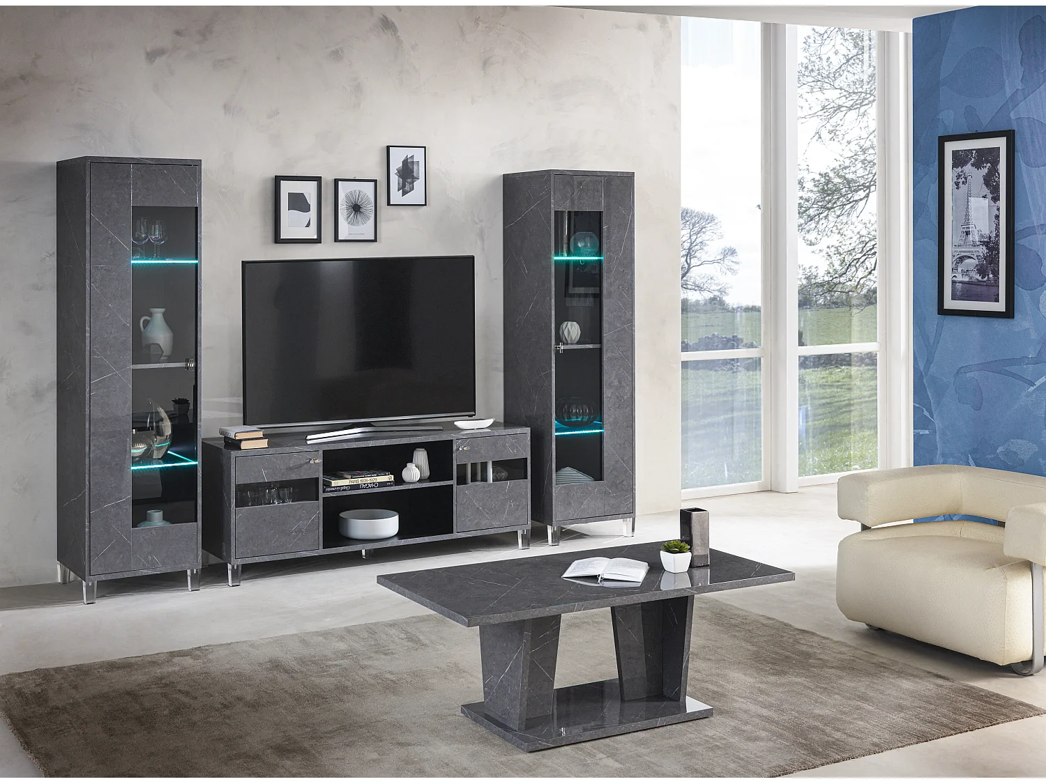 Table basse rectangulaire bois gris effet marbre vernis Botela 120cm