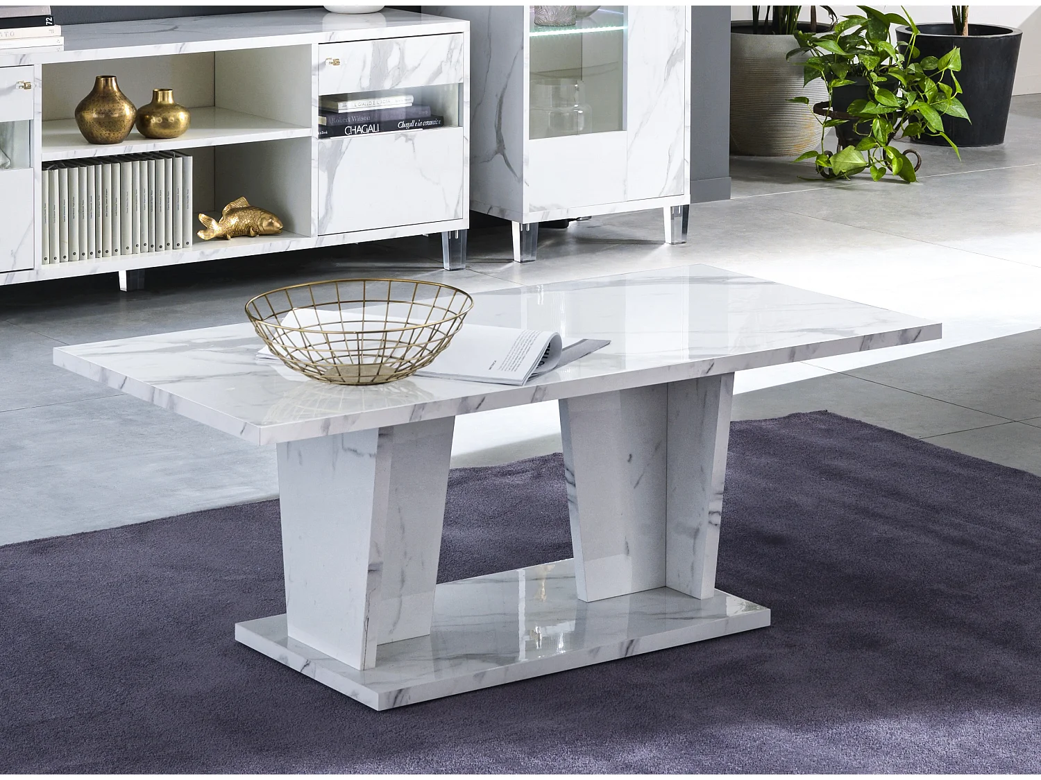 Table basse rectangulaire bois blanc effet marbre vernis Botela 120cm