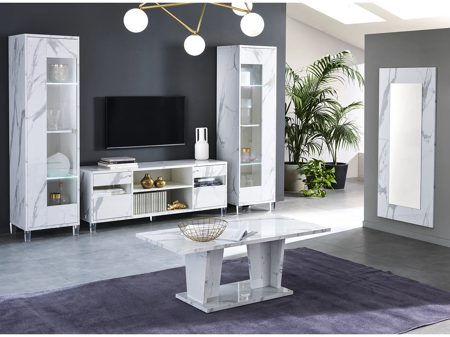 Table basse rectangulaire bois blanc effet marbre vernis Botela 120cm