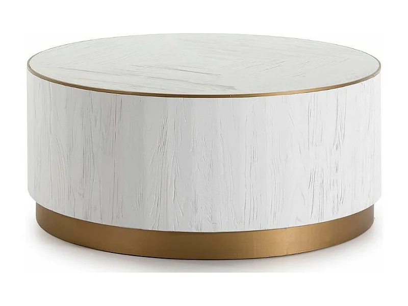 Table basse ronde bois massif blanc et métal doré D 104cm