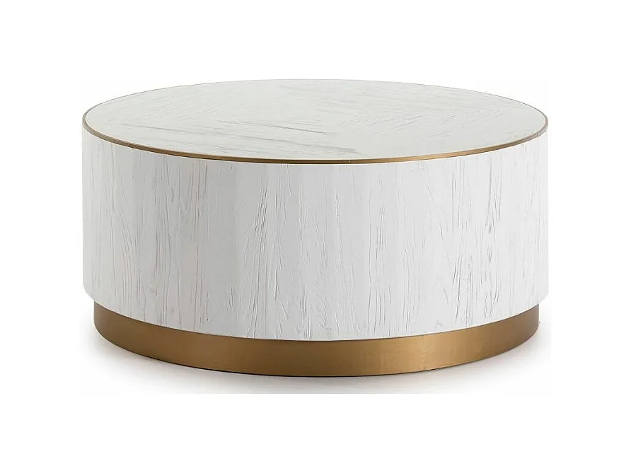 Table basse ronde bois massif blanc et métal doré D 104cm