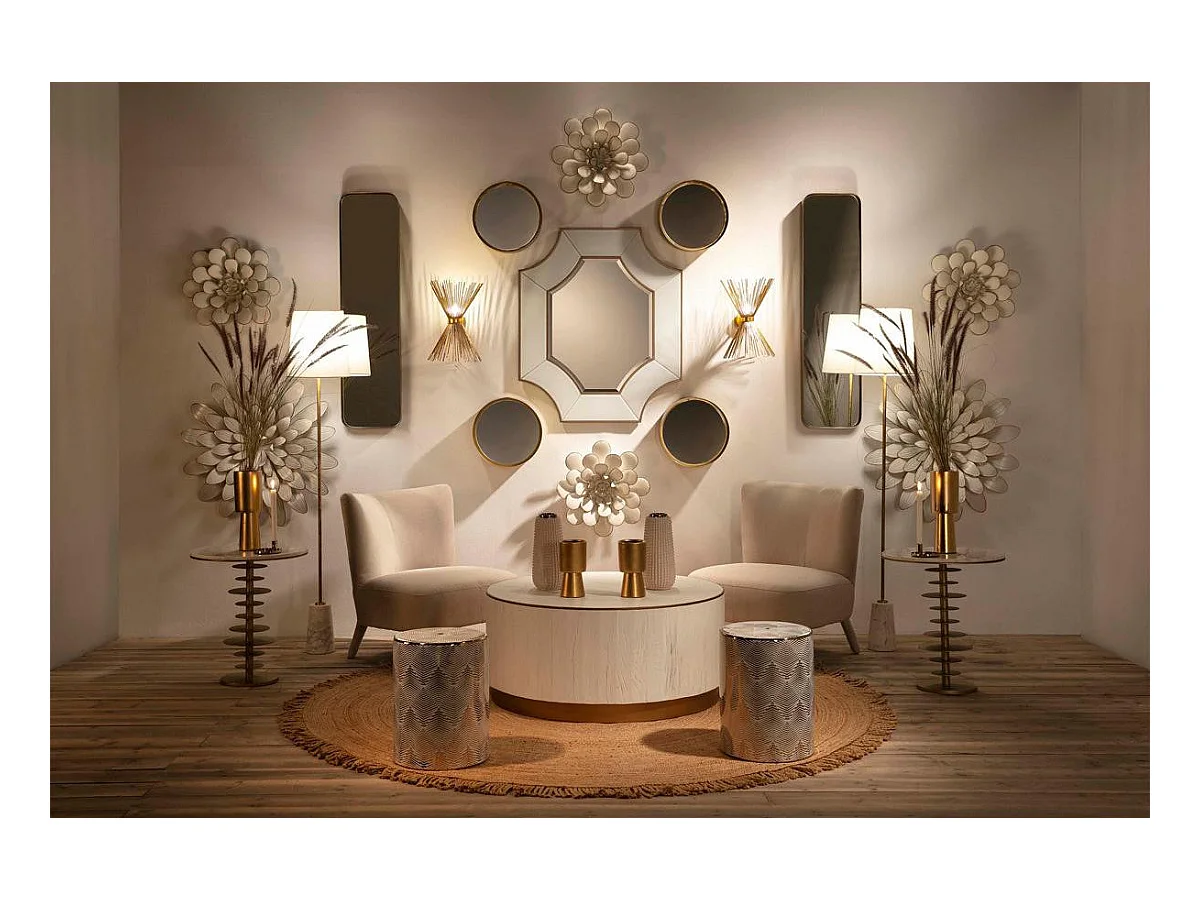 Table basse ronde bois massif blanc et métal doré D 104cm