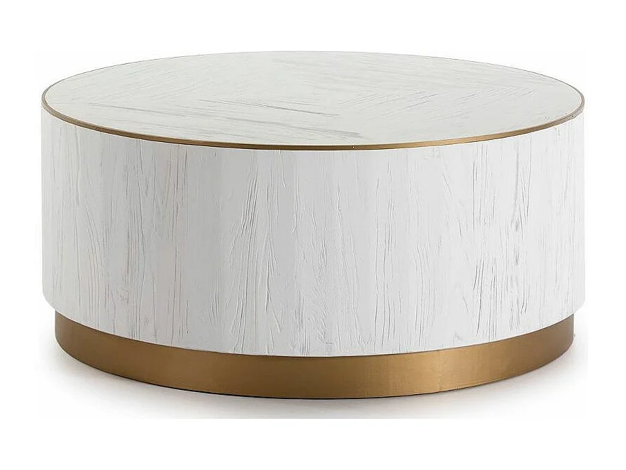 Table basse ronde bois massif blanc et métal doré D 104cm