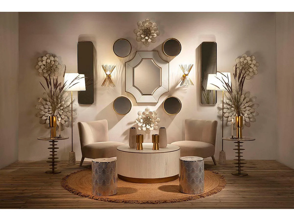 Table basse ronde bois massif blanc et métal doré D 104cm