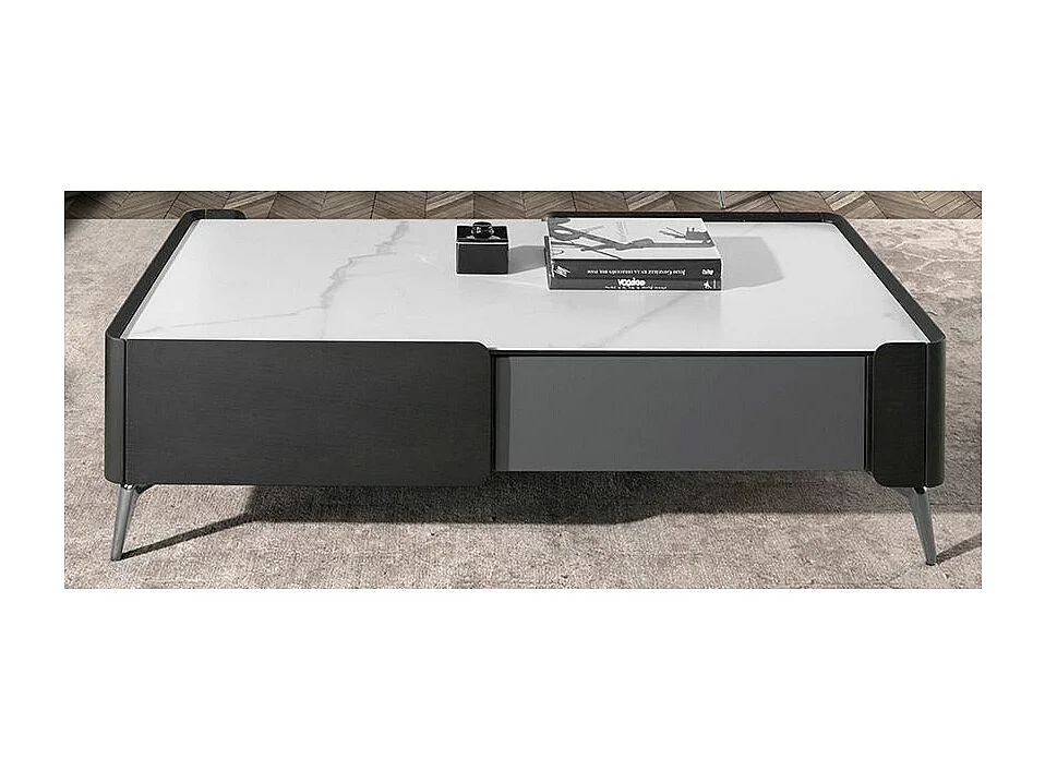 Table basse rectangle porcelaine marbré et pieds en acier Wendy