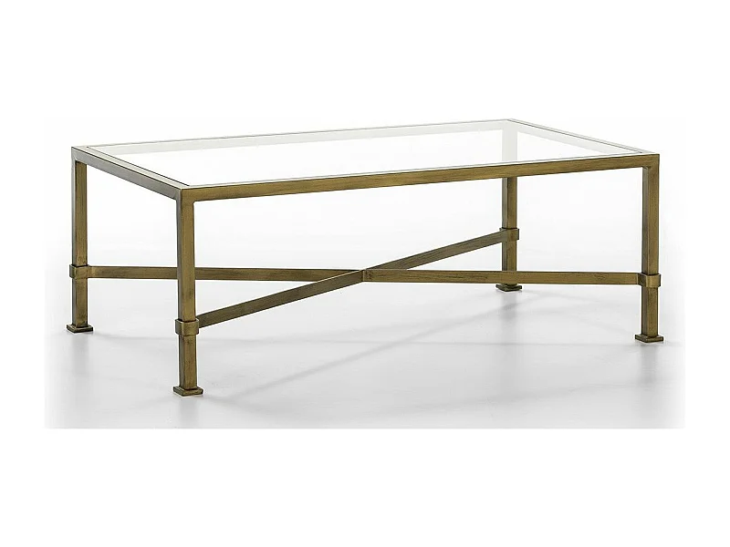 Table basse verre trempé et pieds métal doré vieilli 120cm