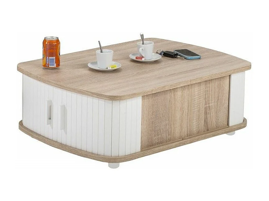 Table basse à rideaux blanche et chêne naturel Lohan