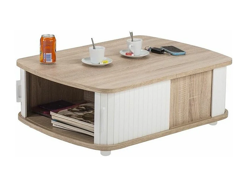 Table basse à rideaux blanche et chêne naturel Lohan