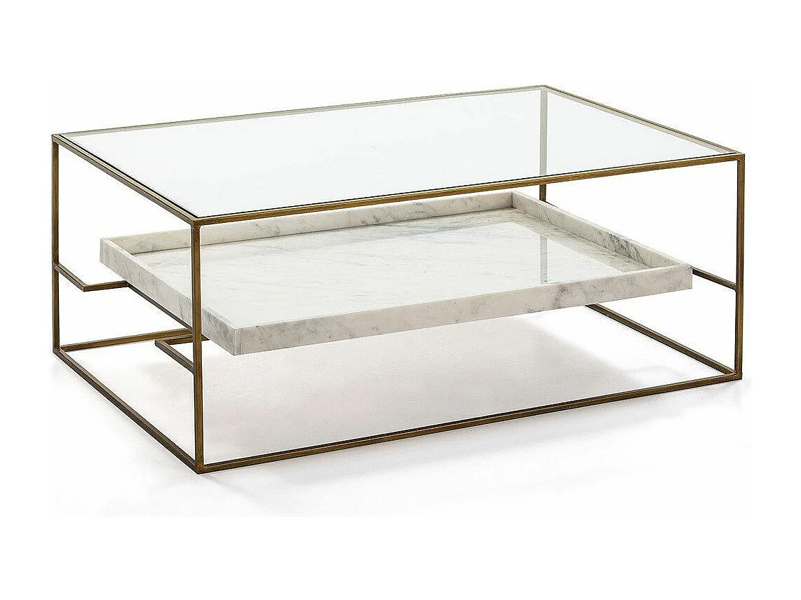 Table basse 2 plateaux verre et marbre blanc pieds métal doré 111cm