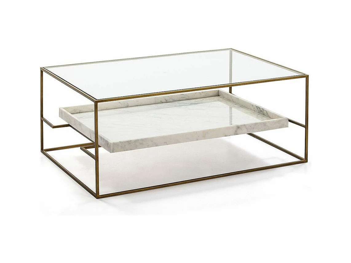 Table basse 2 plateaux verre et marbre blanc pieds métal doré 111cm