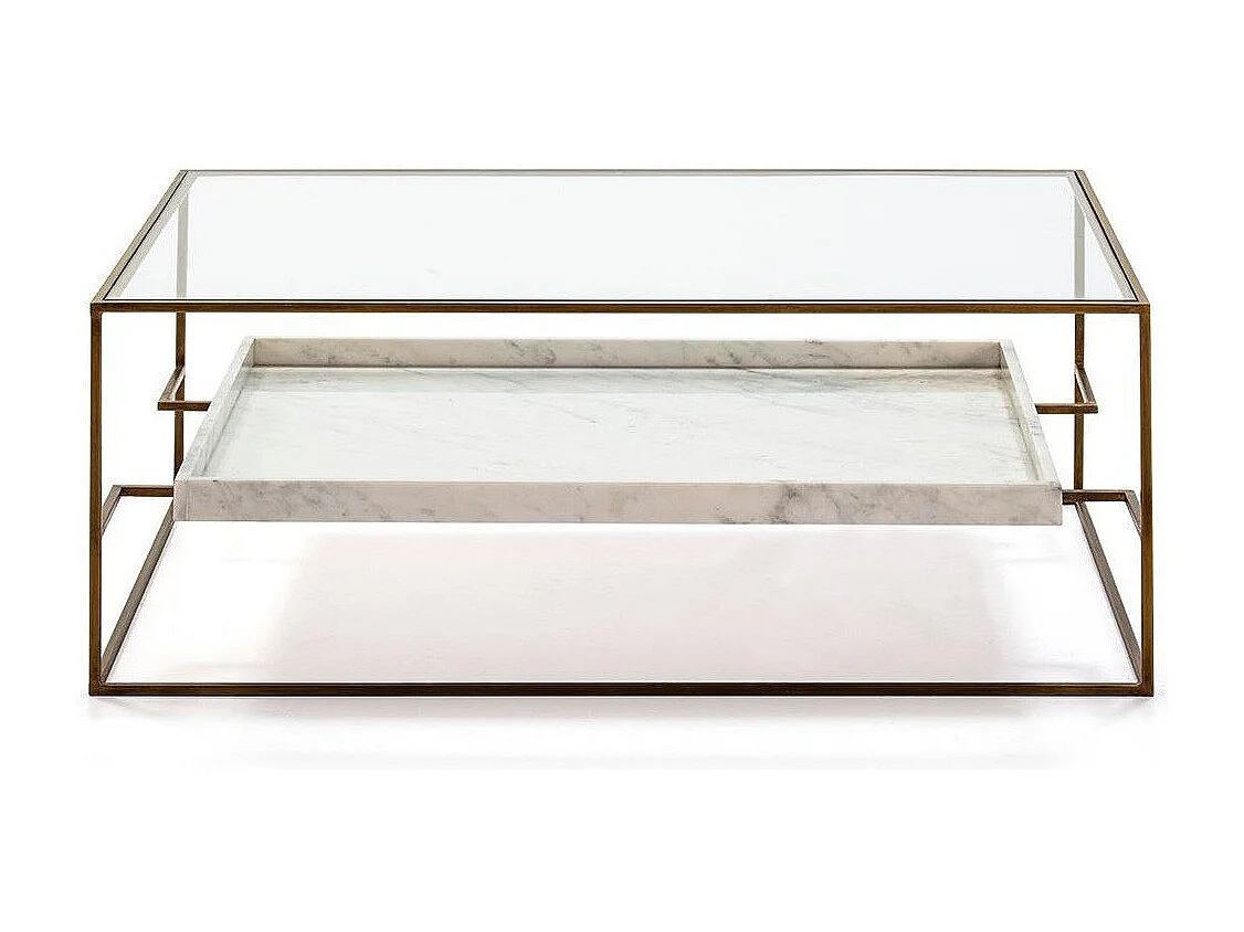 Table basse 2 plateaux verre et marbre blanc pieds métal doré 111cm