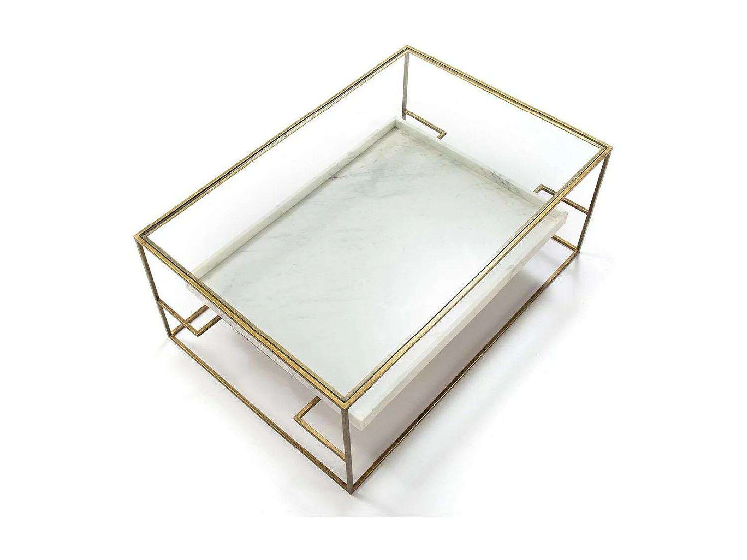 Table basse 2 plateaux verre et marbre blanc pieds métal doré 111cm