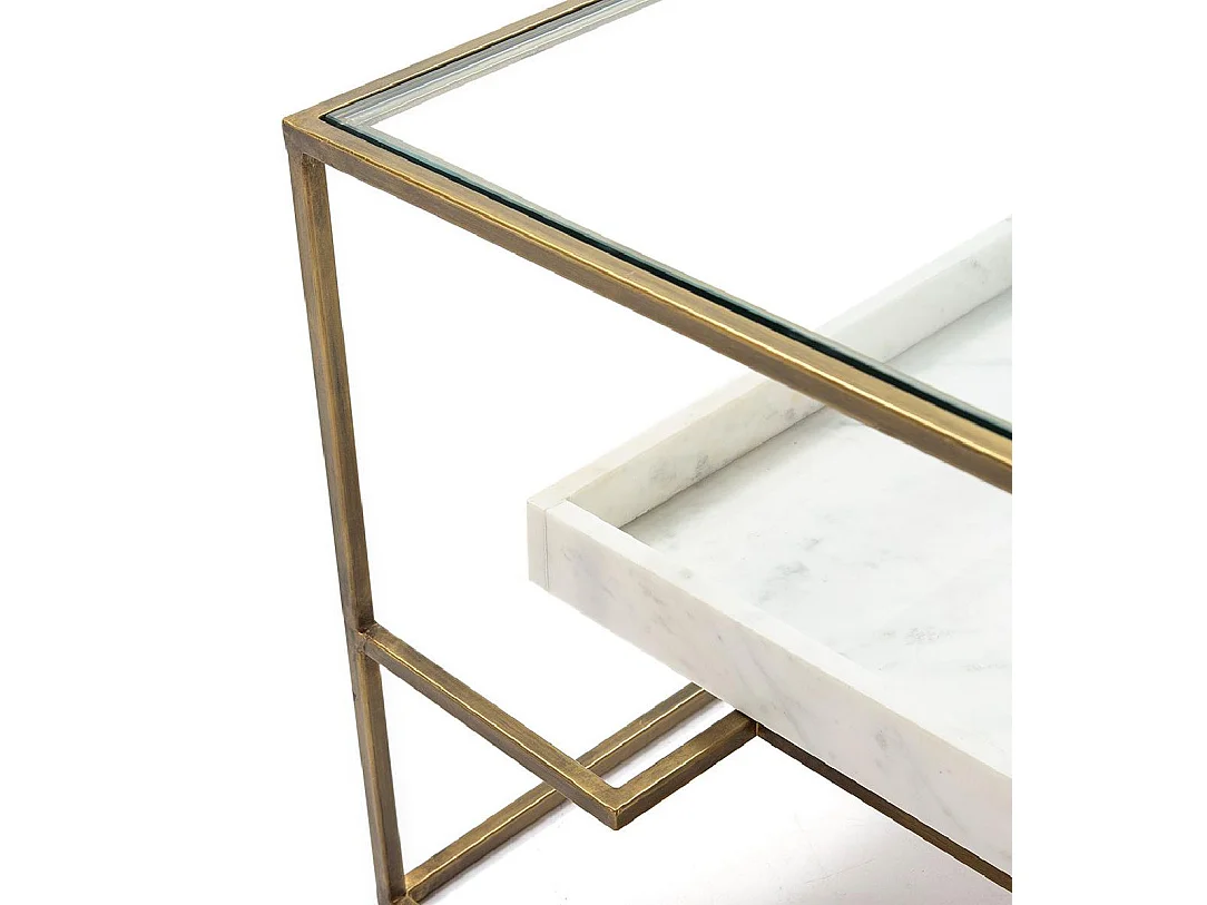 Table basse 2 plateaux verre et marbre blanc pieds métal doré 111cm