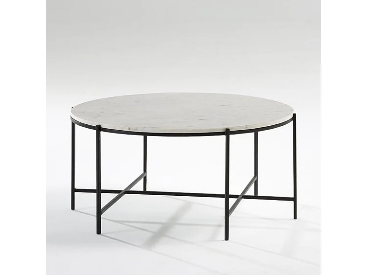 Table basse ronde marbre blanc et pieds métal noirD 86cm