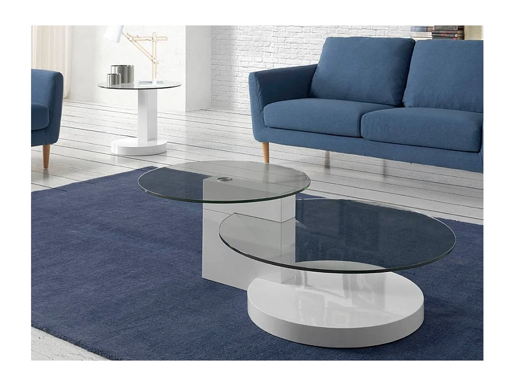 Table basse ronde plateau verre trempé et pieds bois laqué blanc Lina-Couleur Céleste