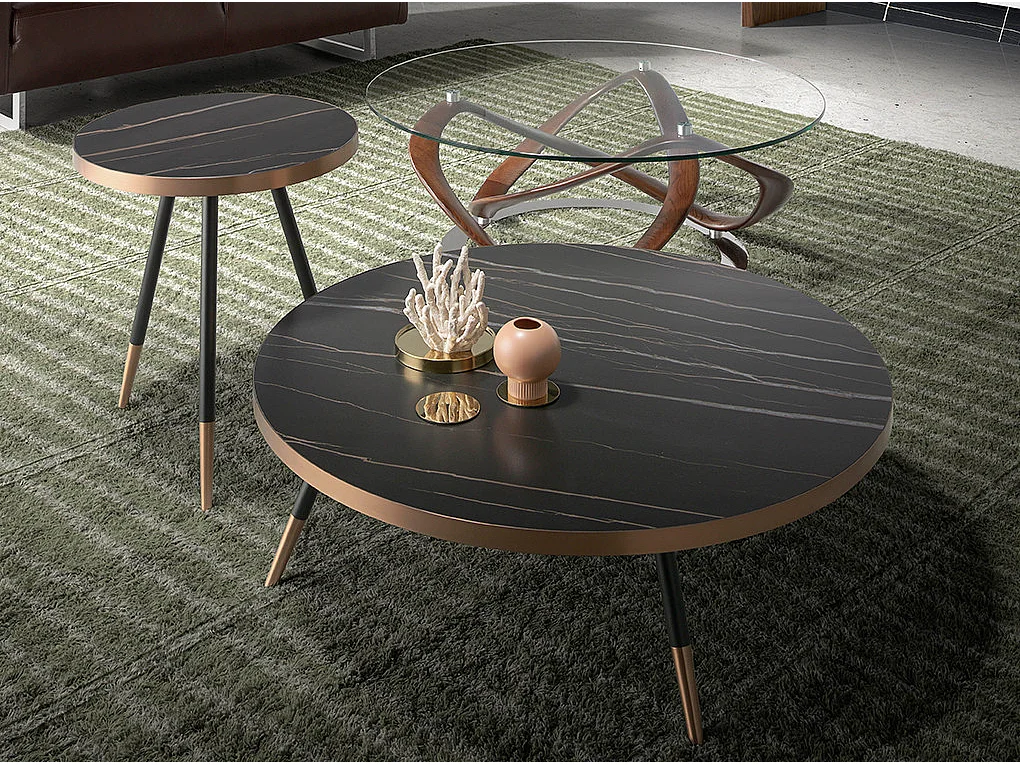 Ronde salontafel gedraaid walnoothout en gehard glas Pinta 100 cm