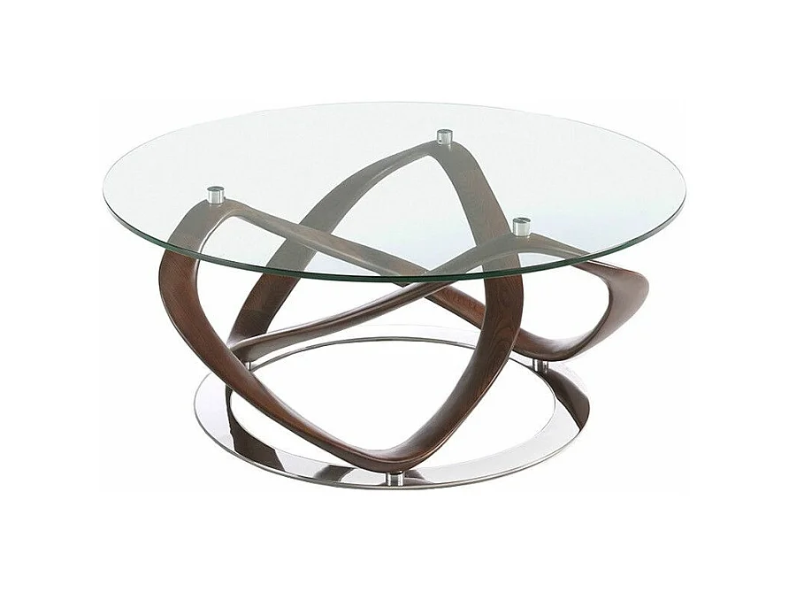 Table basse ronde torsadé bois noyer et verre trempé Pinta 100cm