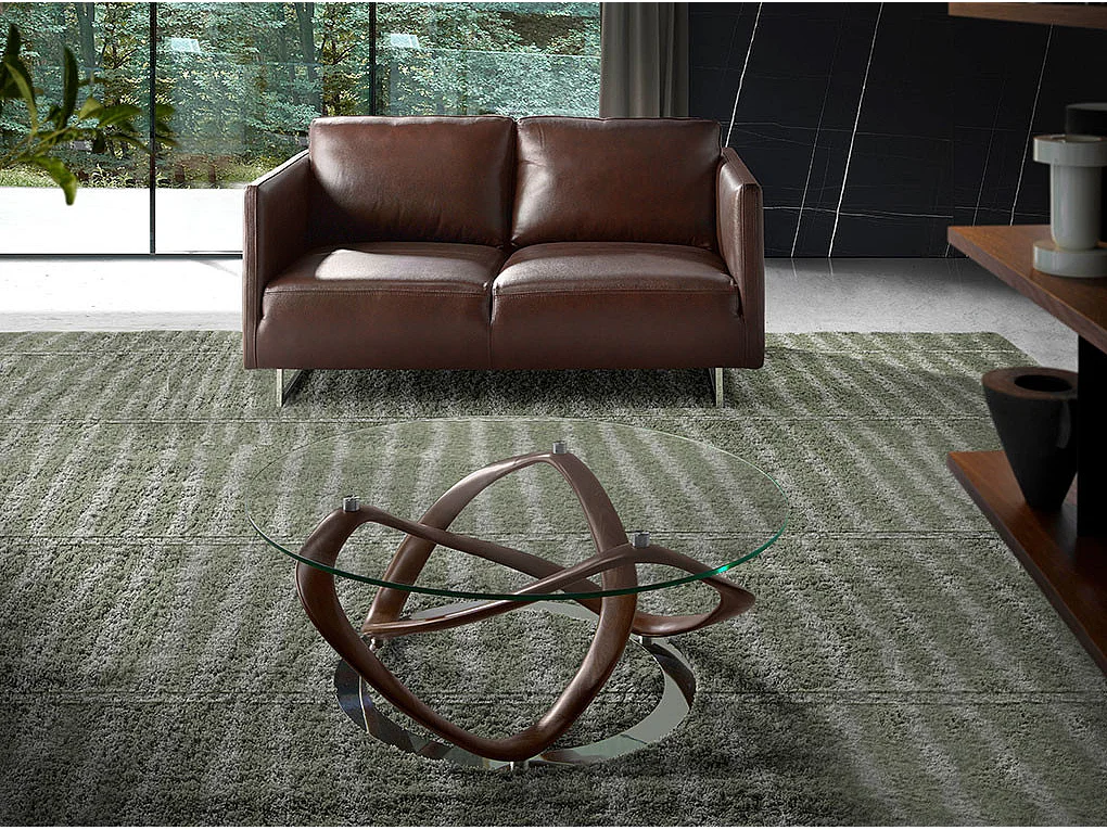 Table basse ronde torsadé bois noyer et verre trempé Pinta 100cm