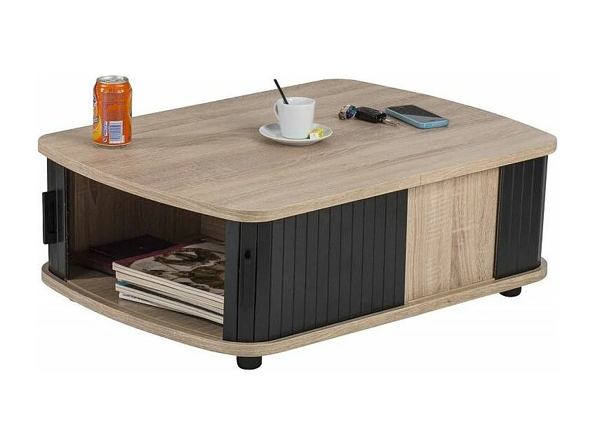 Lohan naturel eiken salontafel met zwarte gordijnen