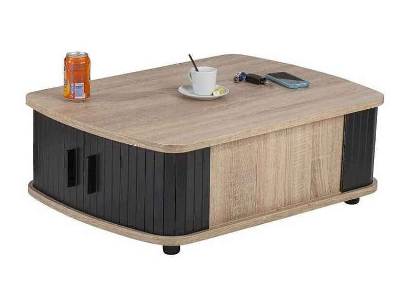 Lohan naturel eiken salontafel met zwarte gordijnen