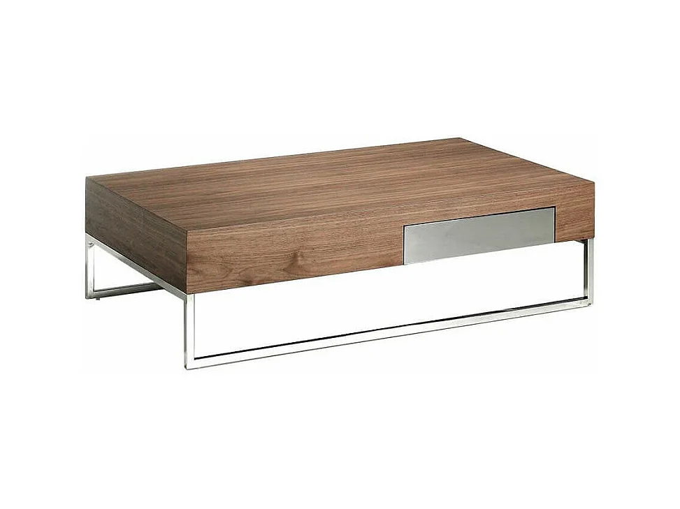 Table basse moderne bois noyer foncé et acier chromé Glanie