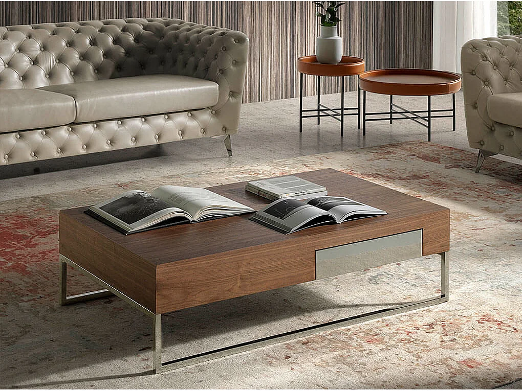 Table basse moderne bois noyer foncé et acier chromé Glanie