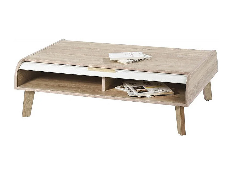 Salontafel met 2 licht eiken en witte gordijnen Happy 114 cm