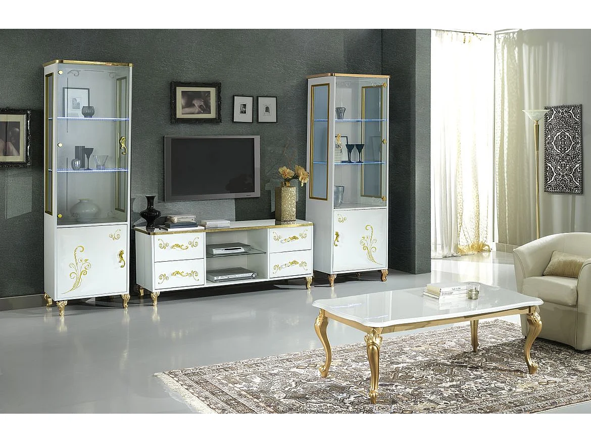 Table basse design bois vernis brillant blanc et doré Jade 130cm