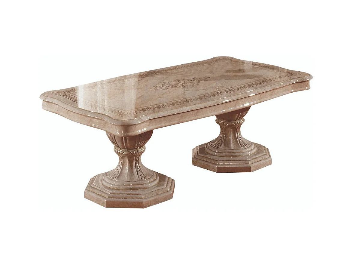 Table basse bois vernis laqué brillant beige et onyx effet marbré Lesly 130cm