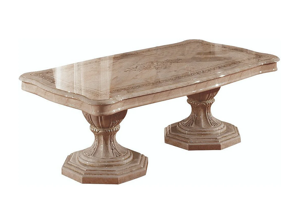 Table basse bois vernis laqué brillant beige et onyx effet marbré Lesly 130cm
