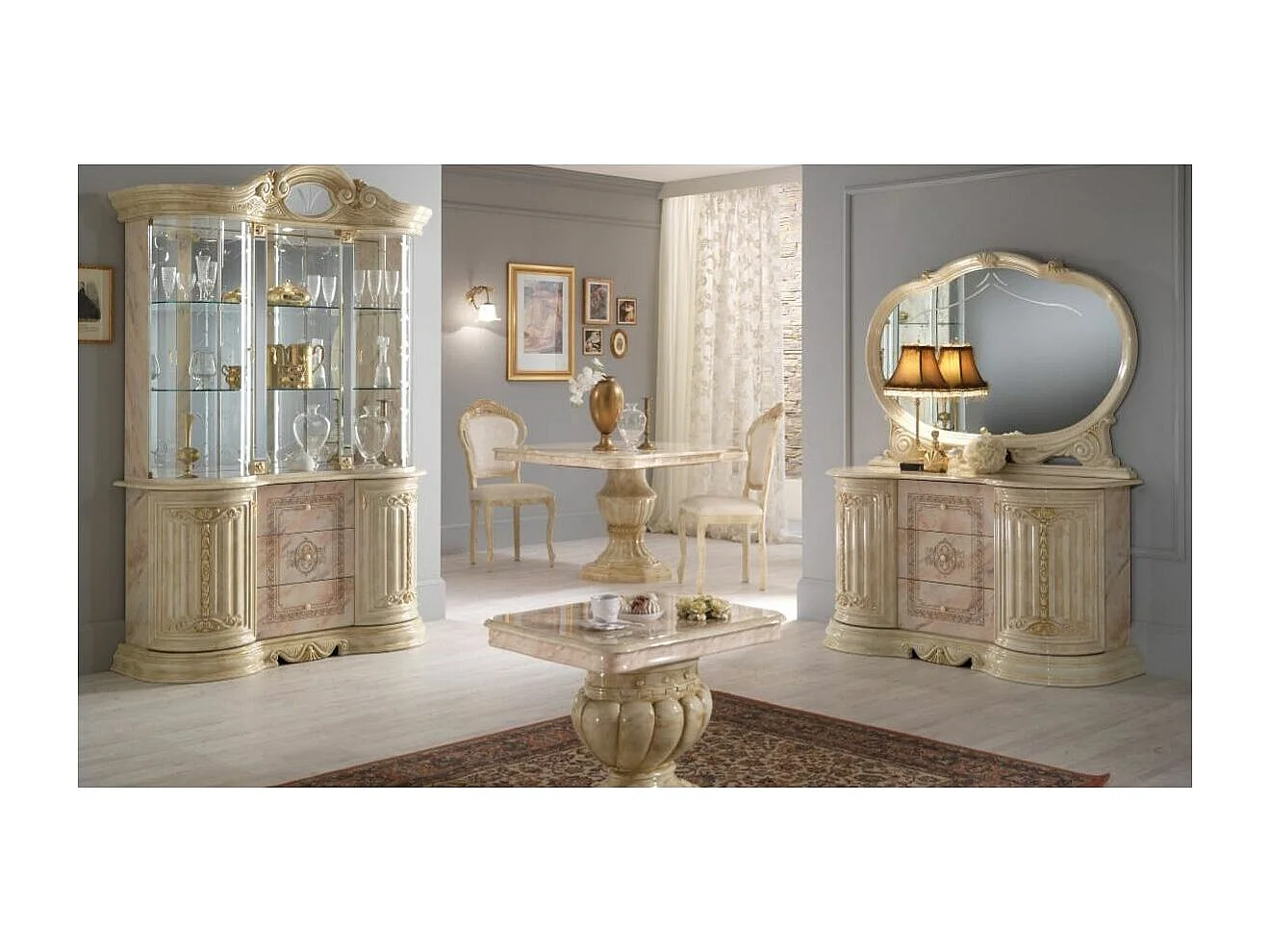 Table basse bois vernis laqué brillant beige et onyx effet marbré Lesly 130cm