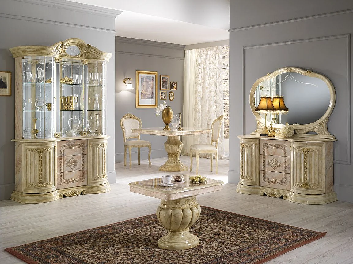 Table basse bois vernis laqué brillant beige et onyx effet marbré Lesly 130cm