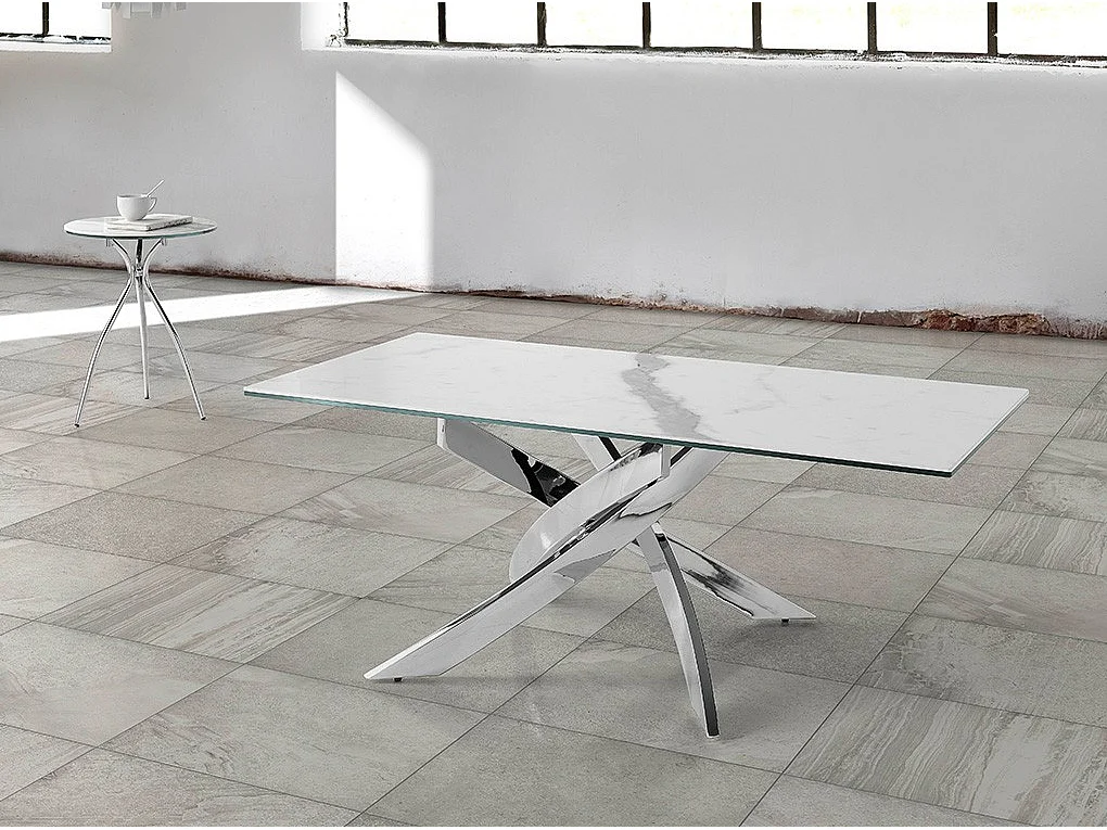 Table basse rectangulaire plateau marbre de porcelaine et acier chromé Majestua
