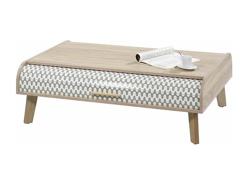 Table basse 2 rideaux chênes clair et imprimé vagues grises Happy 114cm