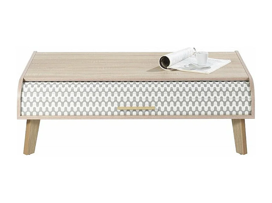 Salontafel met 2 licht eiken gordijnen en grijze golfprint Happy 114 cm