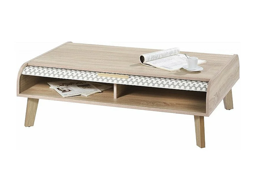 Salontafel met 2 licht eiken gordijnen en grijze golfprint Happy 114 cm