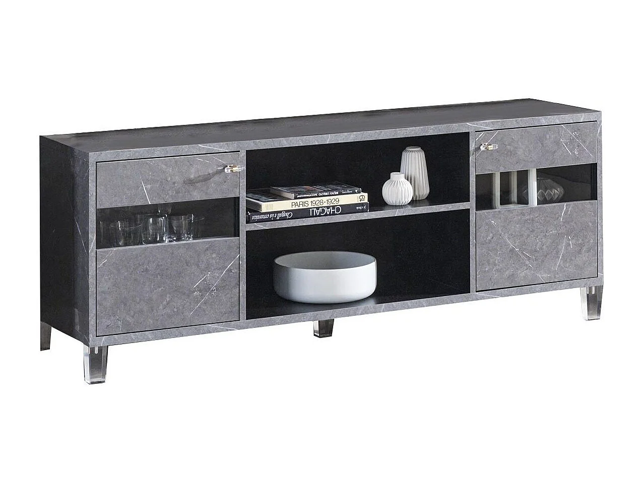 Meuble TV bois gris effet marbre vernis Botela 120cm