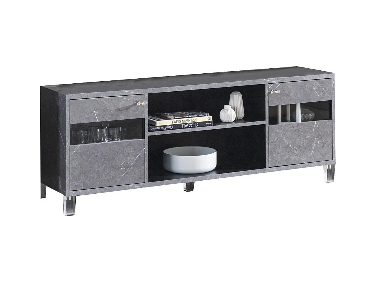 Meuble TV bois gris effet marbre vernis Botela 120cm