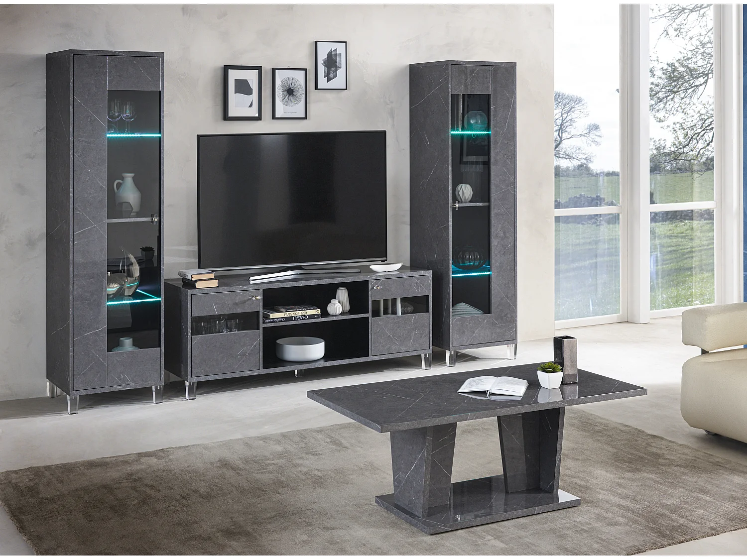 Meuble TV bois gris effet marbre vernis Botela 120cm