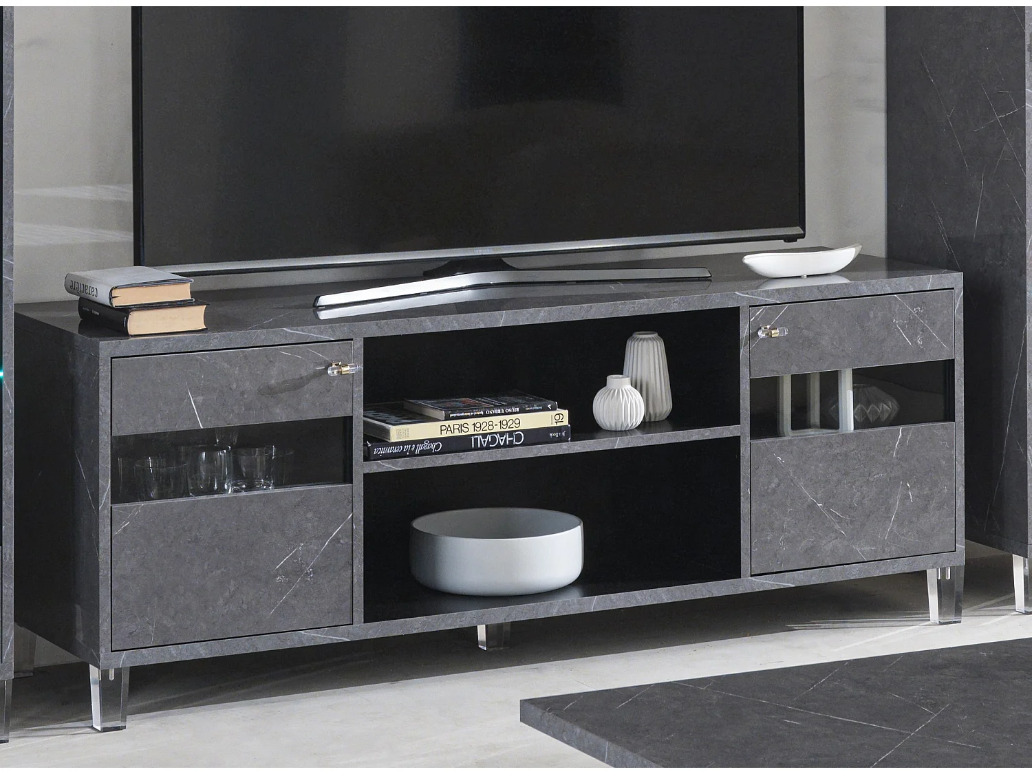 Meuble TV bois gris effet marbre vernis Botela 120cm