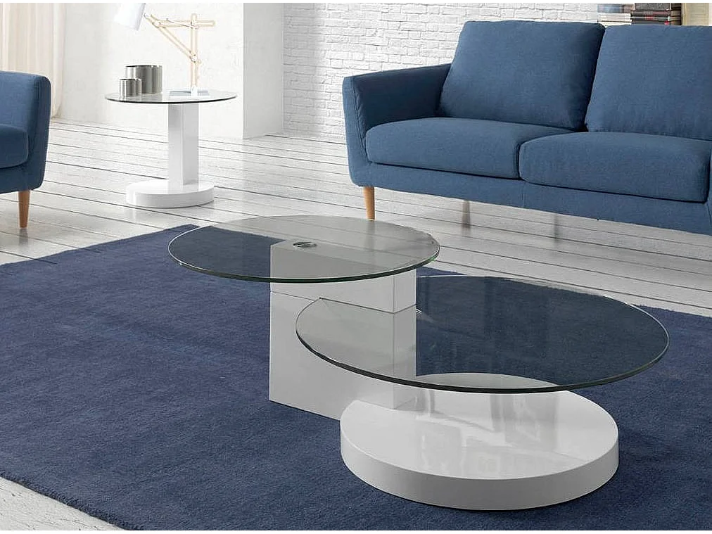 Table basse ronde plateau verre trempé et pieds bois laqué blanc Lina-Couleur Perle