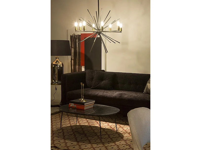 Ovale marmeren salontafel en zwart metalen poten 100 cm