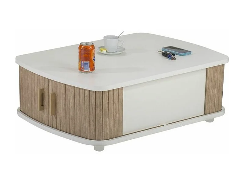 Table basse blanche à rideaux chêne naturel et blanc Lohan