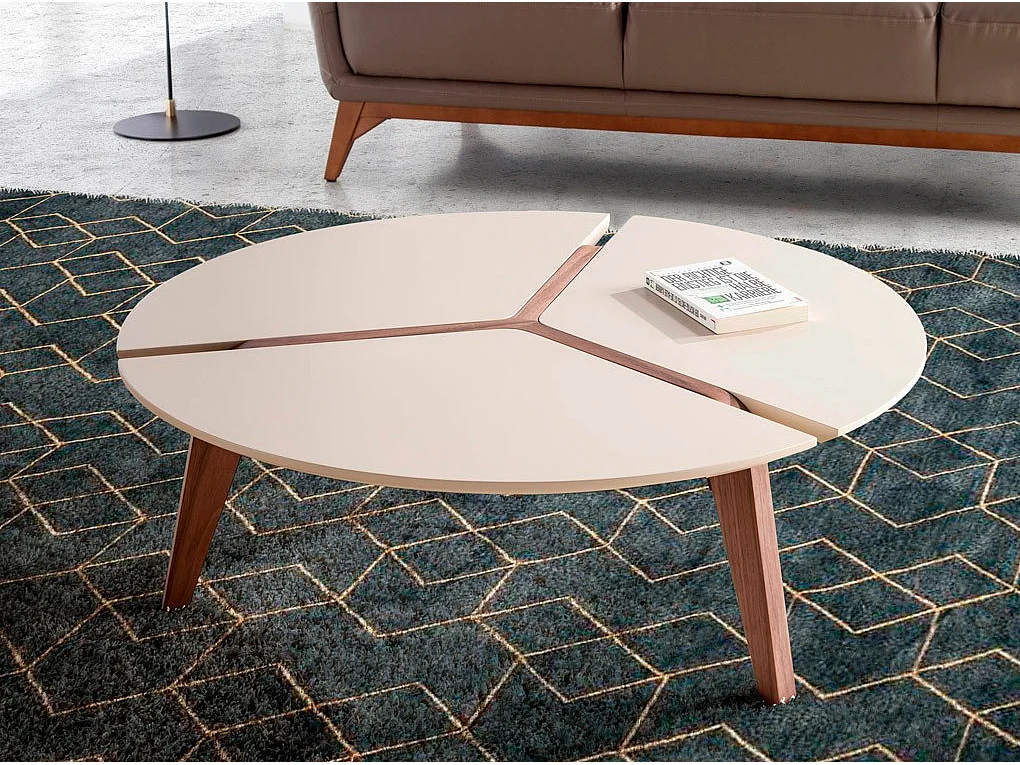 Table basse plateau laqué crème et bois plaqué noyer Kiaza