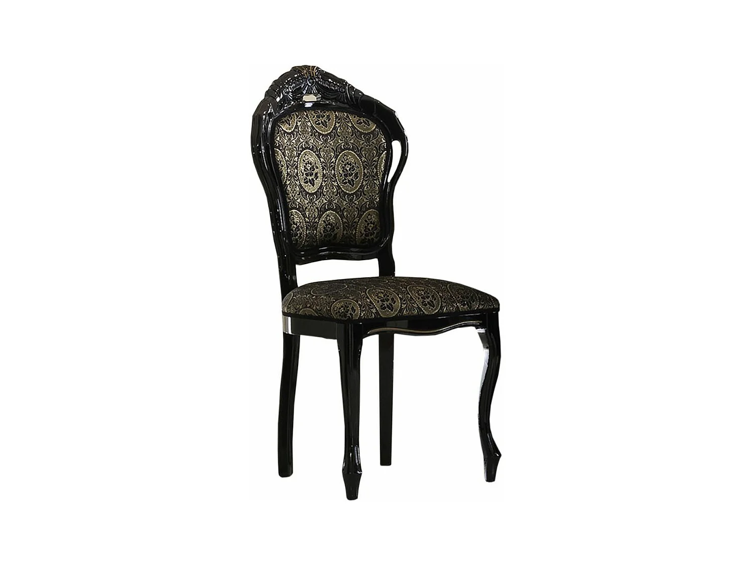 Chaise bois vernis laqué brillant et assise tissu noir avec motifs dorés Kerla