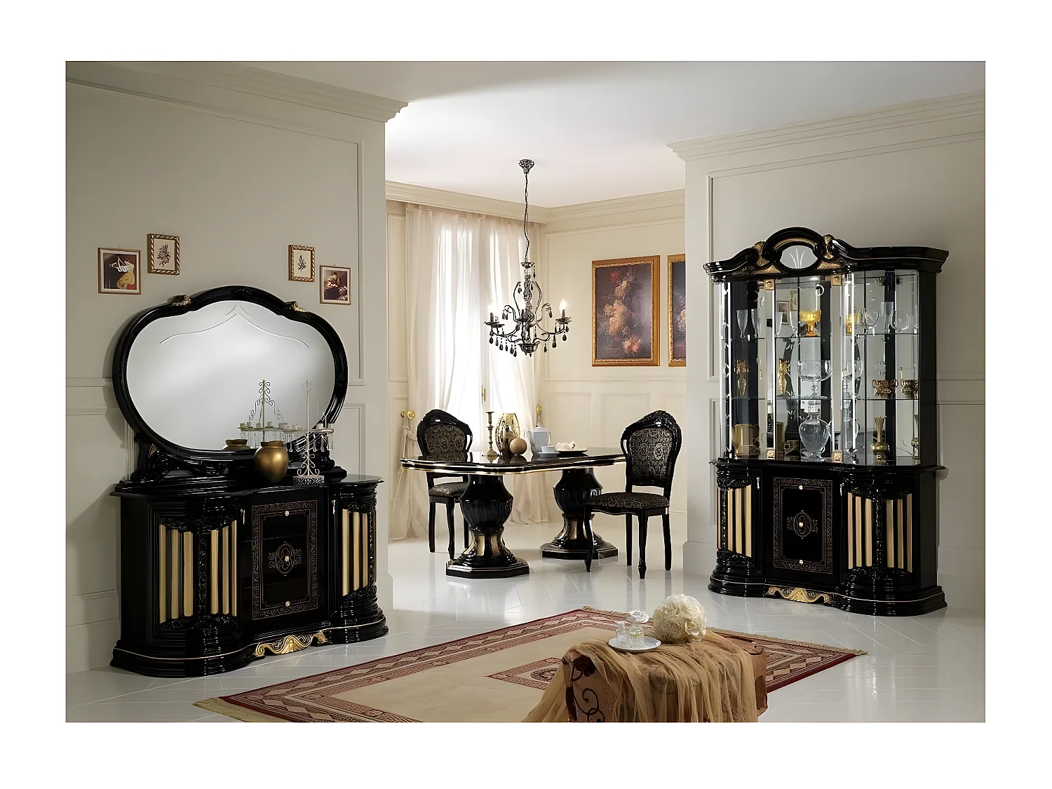 Kerla stoel van glanzend gelakt gelakt hout en zwarte stoffen zitting met gouden patronen