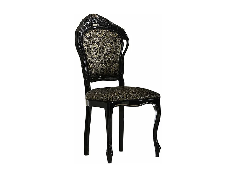 Chaise bois vernis laqué brillant et assise tissu noir avec motifs dorés Kerla